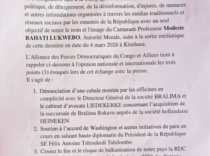 RDC : L’AFDC-A dénonce des pressions contre Modeste Bahati et réaffirme sa loyauté au chef de l'État